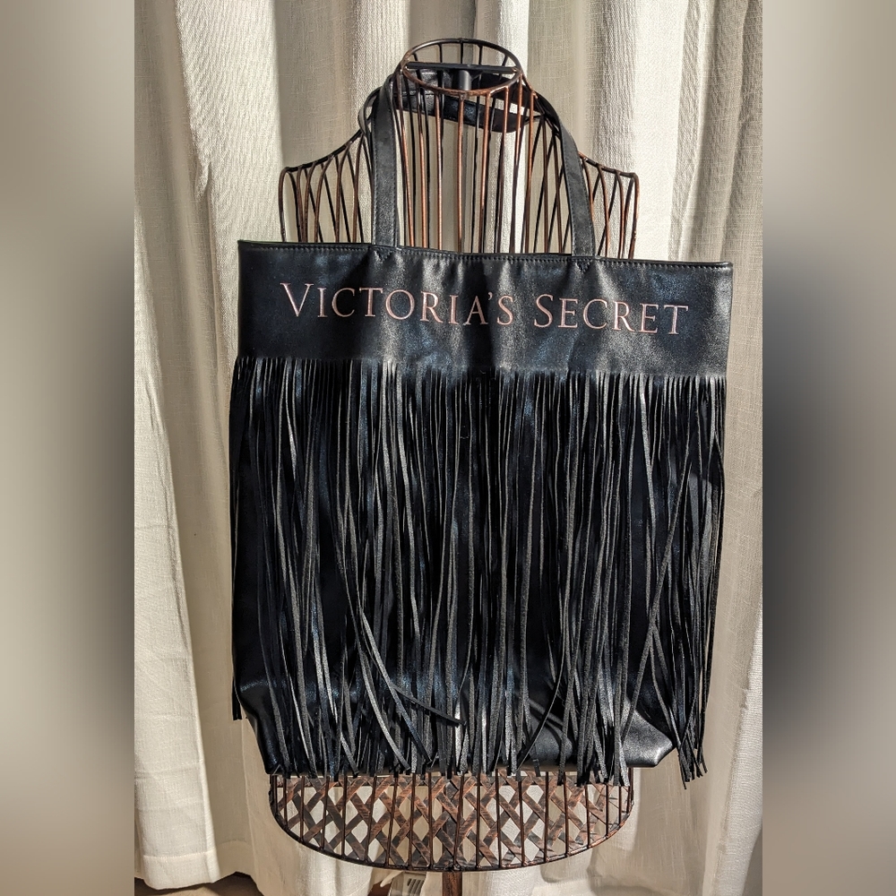 Victorias‎ Secret Black Vegan (Faux) Leather Fringe Tote